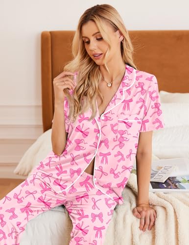 Image of Ekouaer Womens Pajamas Set Short Sleeve Button Down Top & Pants Lounge Pjs | Soft Sleepwear with long pants, ideal for Home relaxation, Wedding, Party, Daily Wear & Breastfeeding