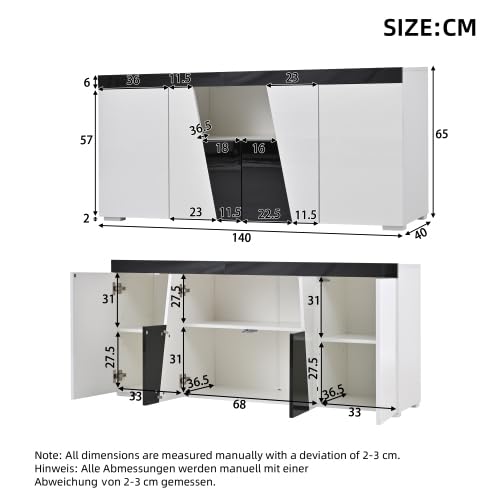 vutizal Komoda LED TV 140 cm, wysoki połysk, nowoczesna szafka ze sterowaniem za pomocą aplikacji, oświetlenie LED i ukośne wzornictwo, do salonu