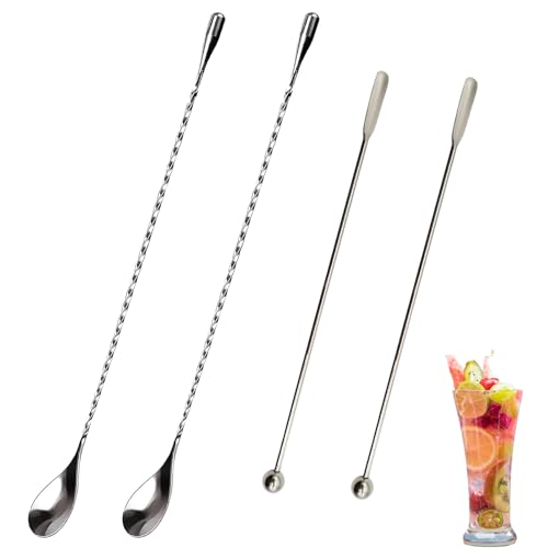 4Pcs Cocktail Stirrers, Bar Spoon, Stainless Steel Drink Stirrers, Metal Cocktail Sticks, Multifunctional Cocktail Spoon for Stir Coffee and Cocktails Drinks Chocolate Milk&Honey and Other Drinks