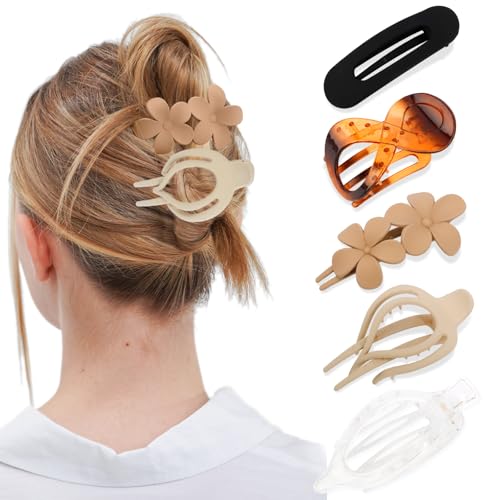 FASOTY 5 Pcs Multi-Styles Flat Claw Clips for Thick & Thin Hair - Neutral Colors - Non-Slip - Lay Down Claw Clips for Women & Girls