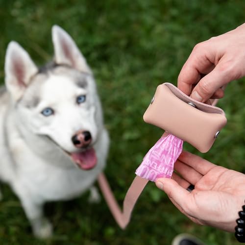 Image of Hidemont Dog Poop Bag Holder for Leash, Durable Leather Leakproof Pet Waste Bag Dispenser for Leashes, 20 Bags Included (Peony Pink)
