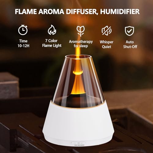Flame Essential Oil Diffuser, Upgrade 7 Colour Lights Aromatherapy Diffuser, Oil Diffuser, Air Humidifier, Aroma Diffusers for Home, Bedroom, Office, Yoga, Timer & Waterless Auto Off (White) — view 3