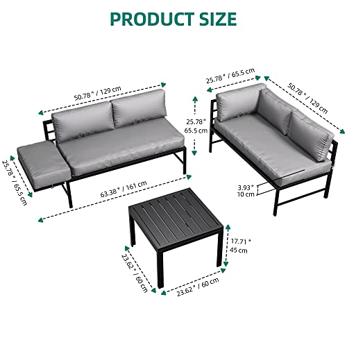 Yitahome 3-Pieces Patio Furniture Set, Sectional L-Shaped Sofa With Adjustable Armrest & Coffee Table, Metal Conversation Detachable Lounger Set For Patio Backyard Poolside Porch - Grey And Black #TOP3