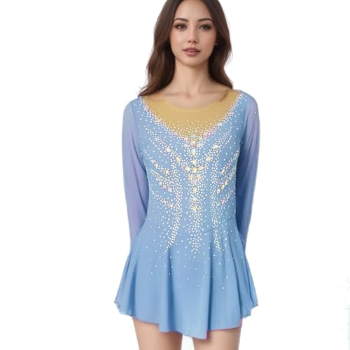 LIUHUO Figure Skating Dress Girls' Long Sleeves Womens Competition Elegant Handmade Crystal Blue