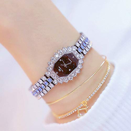 Hanks' shop Watch FA1581 damska ośmiokątna tarcza diamentowana kryształ górski bransoletka zegarek kwarcowy (kolor: srebrna muszla niebieski diament)