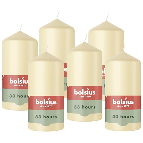Bolsius - Essentials - Bougie Pilier - Beige - 12cm- 6 Pièces - Bougie Décorative - Contient Cire Végétale Naturelle - sans Huile de Palme