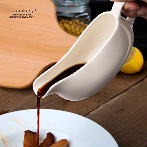 Nucookery Large 11 Oz Gravy Boat With Ergonomic Handle | White Fine Porcelain Saucier With Big Dripless Lip Spout | For Gravy, Warming Sauces, Salad Dressings, Milk, More | Microwave & Freezer Safe