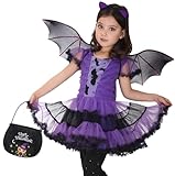 EOZY Girls Bat Vampire Costume Kids Halloween Clothes Animal Cosplay Purple Dress (4-6 Years)