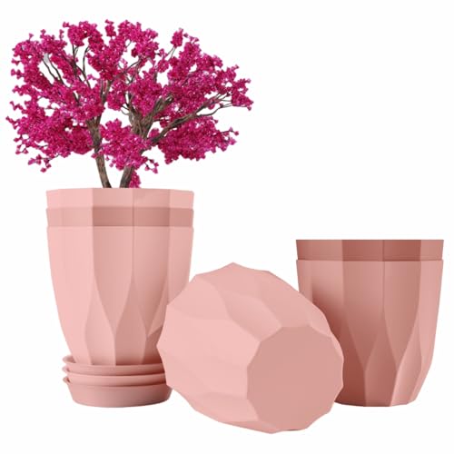 Image of JD FRESH 5 Pack Plastic ARO Flower Pots with Drainage & Bottom Tray /Lightweight, UV & Weather Resistant /6 Inch Planters for Indoor /Outdoor /Home /Balcony /Terrace /Garden Plant Pots (Baby Pink)