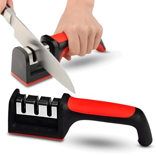 Image of Manual Knife Sharpener Tool with 3-Stage System | Kitchen Knife Sharpener for Home Use | Blade Sharpener for Steel & Ceramic | Ultra Strong Safe & Easy Knife Sharpner Machine Top Grain