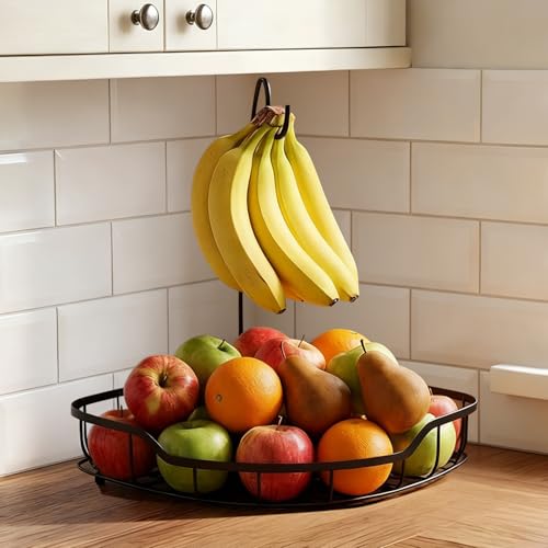 MYHOGOOD Fruit Bowl for Kitchen Corner Storage with Banana Holder Hook Durable Kitchen Countertop Organizer for Fruits Vegetables Thickened Metal Wire Fruit Basket Black
