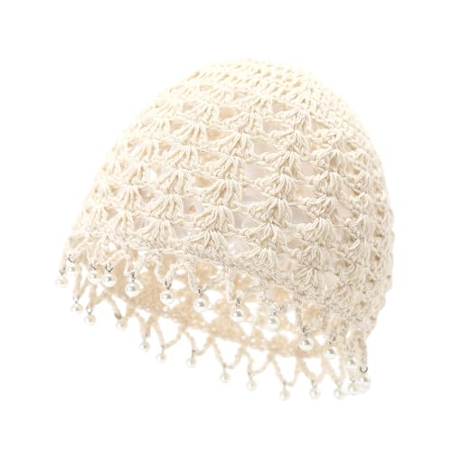 Julpsk Women's Lightweight Handmade Crochet Hat Boho Pearl Trim Beanie Cap for Beach Travel, Beige, One Size