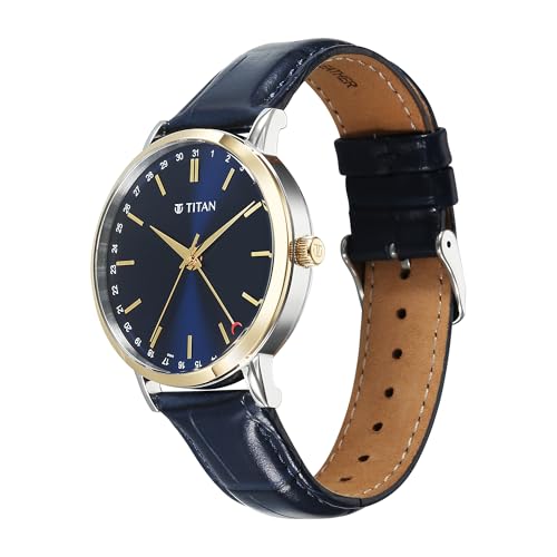 Image of Titan Elegance Analog with Date by Hand and Blue Dial Blue Leather Strap Watch for Men - 90202BL01