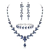 Ever Faith Marquise Crystal Party Jewelry Set for Bride, Gorgeous Leaf Rhinestone Necklace Dangle Earrings Tennis Bracelet Set Sapphire Blue Silver-Tone