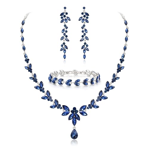 EVER FAITH Schmuckset Österreichisches Kristall Braut Schmuck-Set, elegante Marquise Strass Blatt Halskette mit baumelnde Ohrringe Tennis-Armband-Set blau Silber-Ton
