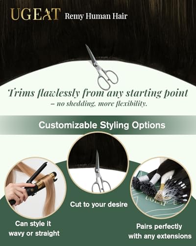 Image of Ugeat 16 Inch Genius Weft Hair Extensions Dark Brown Balayage Genius Weft Hair Extensions Human Hair Mix Medium Brown Balayage Hand Tied Hair Extension Secure Root Attachment 16 Inch 50G