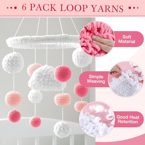 Image of Threlaco 6 Pack Loops Yarn Bulk for Finger Knitting Soft Chunky Yarn 600 G / 6 Skeins for Beginners DIY Hand Knitting No Needles or Hooks (White, Pink, Carmine)