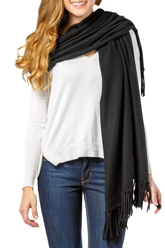 Fishers Finery Women's 100% Cashmere Knit Shawl with Fringe (Black)