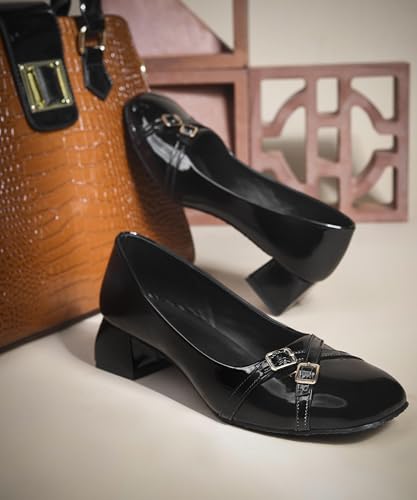 Image of JM LOOKS Elegant Double Buckle Block Heels with Glossy Patent Finish and Sophisticated Low Heel for Daily Comfort
