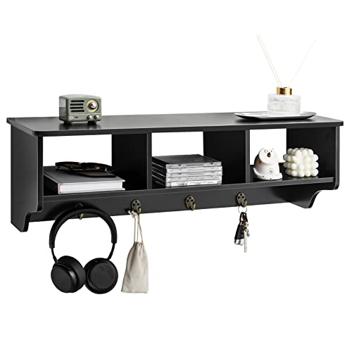 Giantex Hanging Shelf with Hooks Wall Mount Cubby Organizer with 4 Hooks and Storage for Entryway, Hallway, Dining Room Furniture (Black)