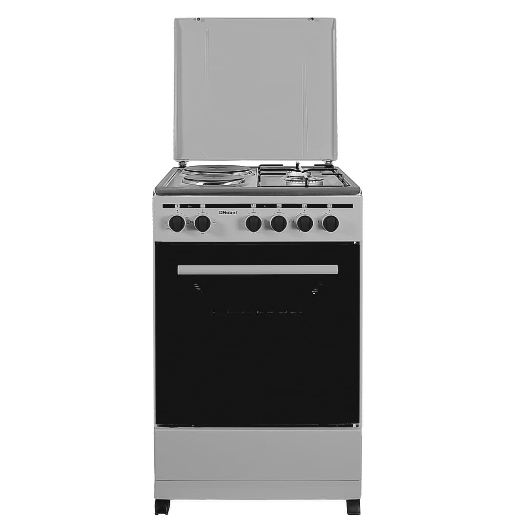 Nobel 50 x 50 Electric & Gas Cooker, 2 Gas Burner, 2 Hot Plate, Electric Grill & Electric Oven, 6 Knob, Manual Ignition, Stainless Steel Lid, 49.8 x 54.7 x 86 cm, Silver, Made In Turkey NGC5200S