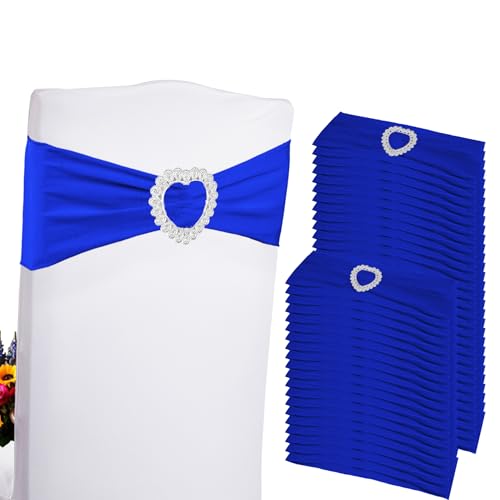 Zrlljp 100PCS Spandex Stretch Royal Blue Chair Sashes Bows Universal Elastic Chair Cover Bands Ties with Buckle Slider for Wedding Party Ceremony Reception Event Banquet Decoration(Royal Blue)