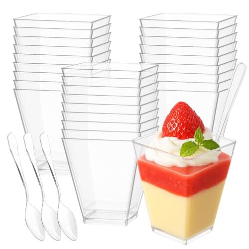 EASYKEENECOM Lot de 25 Verres à Dessert en Plastique 160 ml – Avec Cuillères – Réutilisables coupes à dessert, Rectangulaires verrine dessert –...
