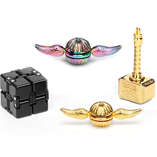 Cool Thor Hammer Fidgets Spinners Toys Pack, Golden Hand Finger Spinner Gifts for Kids Adults Set, Fidgit Infinity Cube Block, Anti Anxiety Toys, ADHD EDC Stress Relief Figet Toy Set(4 Pack)