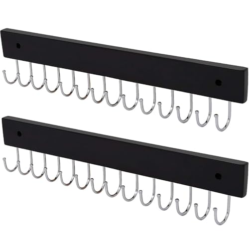 Necklace Holder Wall Mounted Jewelry Organizer - 2 Pack Wooden with 28 Hooks for Earrings, Necklaces, Gift Idea, Space-Saving Jewelry Display (Black)