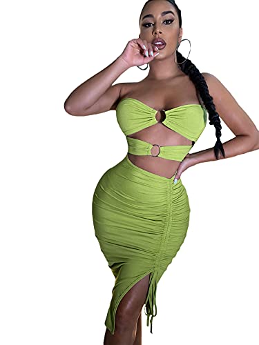 SheIn Women s Cut Out Ruched Midi Bodycon Dress Sleeveless Split Drawstring Tube Dresses Lime Green Small