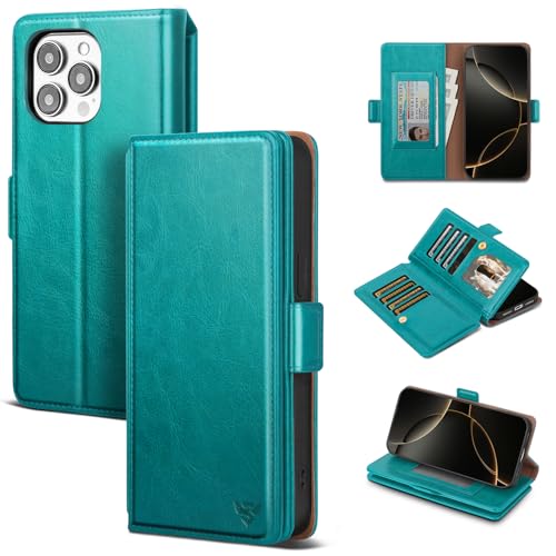 HawkBox Compatible with iPhone 13 Pro Max Case Wallet with Card Holder Women Men,RFID Blocking PU Leather Phone Case Flip Shockproof Protector Cover Credit Card Slot Kickstand,Blue Green