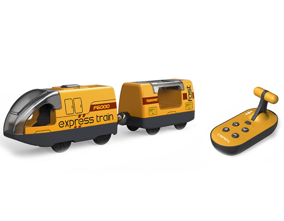 DESPOINA Tren Electrico Juguete Niños con Mando a Distancia, 4 Efectos de Sonido y Luz, Tren Juguete para Rieles de Madera, Compatible con Thomas Brio Chuggington, 3 4 5 6 Años (Amarillo)