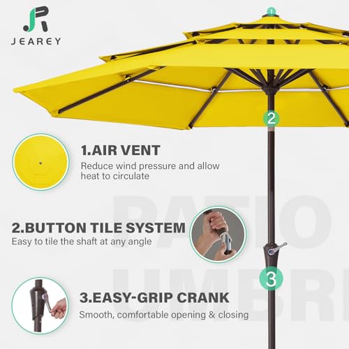Image of JEAREY 9FT 3 Tier Patio Umbrella Outdoor Market Umbrella Table Umbrellas with 8 Ribs 1.5 Pole Push Button Tilt and Crank UV Protection for Garden,Backyard,Yellow