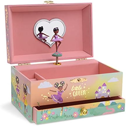 Jewelkeeper Girl's Musical Jewelry Storage Box with Pullout Drawer and Black Ballerina, Little Queen Design, Swan Lake Tune