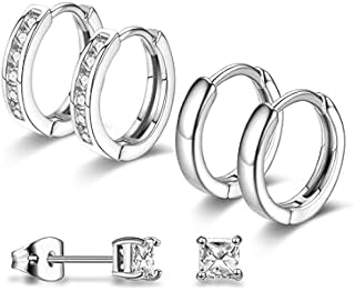 Silver Small Hoop Earrings for Women, 14K White Gold Plated Silver Stud Earrings Huggie Hoop Earrings Set for Women, 3 Pairs Cartilage Cubic Zirconia Earrings for Multiple Piercing Jewelry Gifts