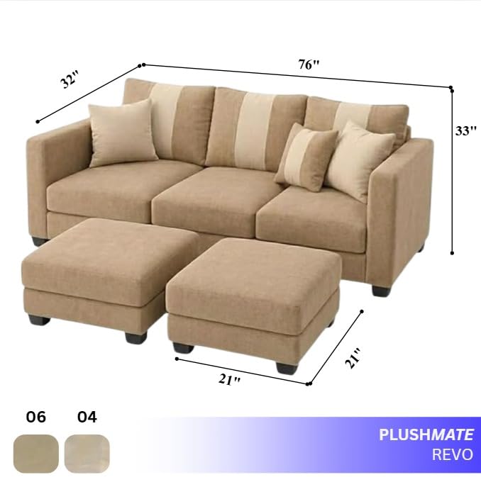 Image of Revo 5 Seater L Shape Sofa Set with 2 Movable Ottomans | Flexible Layout | Luxury Velvet Suede Fabric | Modern Living Room Sofa | Beige