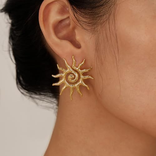 Gold Sun Stud Earrings for Women Radiant Sunburst Spiral Design, Lightweight Boho Chic Jewelry2