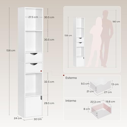Miniatura 3 de Woltu Estantería Para Libros De Pie, Librería Vertical Con 3 Compartimentos Abiertos, 2 Cajones Y 1 Armario, Libreria Blanca De Almacenaje Para Oficina, Salón, Dormitorio, Cocina, 30x24x158cm