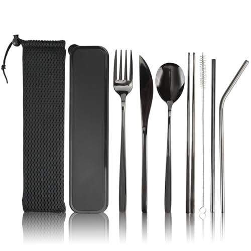 DIYJEP 9 Pièces Ensemble de Couverts de Voyage, Couverts de Camping en Acier Inoxydable Réutilisables avec Etui et Sac de Rangement Paille Couteau Fourchette Cuillère Baguettes pour Bureau (Noir)