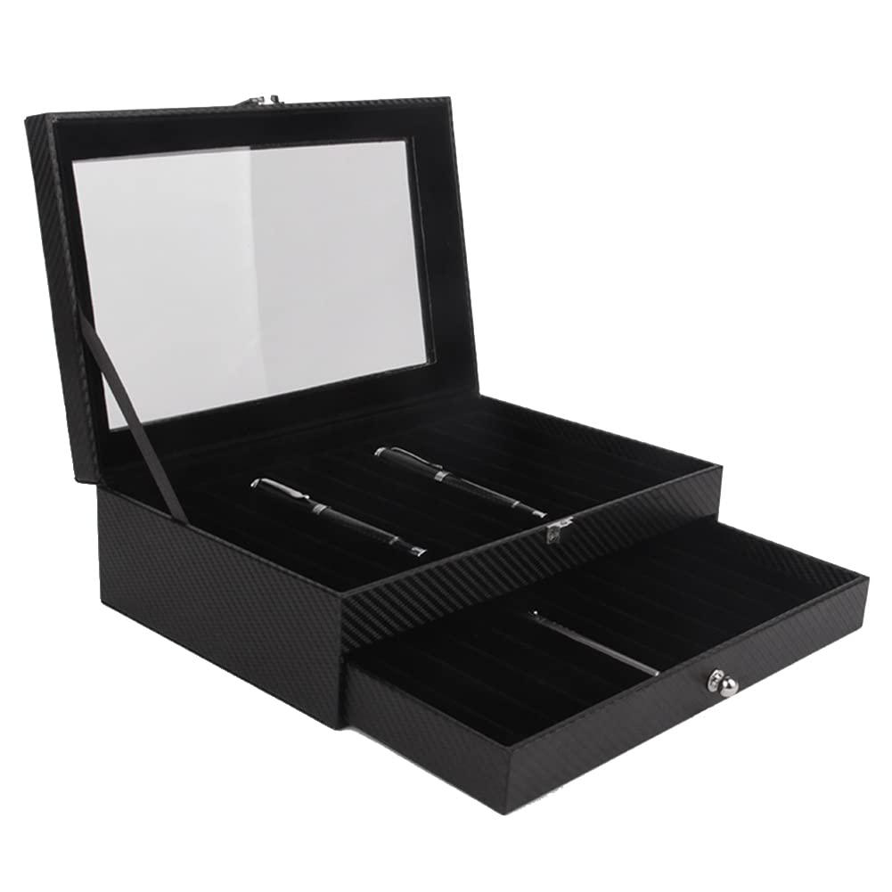 Jaopary 24 Slots Wooden Pen Display Storage Box Luxury 2 Layer PU Pen Case Fountain Pen-Collector Jewelry Organizer Carbon