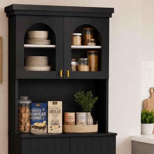 Image of ivaniti 71 inch Arched Kitchen Pantry Cabinet Set of 3, Black Freestanding Storage Hutch Combination with 2 Glass-Door Coffee Bar Cabinets and 1 Three-Drawer Open Shelf Cabinet for Kitchen