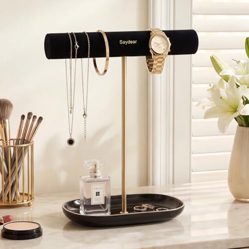 Saydear Velvet Jewelry Organizer Stand, T-Bar Necklace Holder with Ceramic Ring Dish Tray, Watch & Bracelet Display Organizer for Vanity, Dresser, Nightstand, Luxury Gift for Women Black — view 3