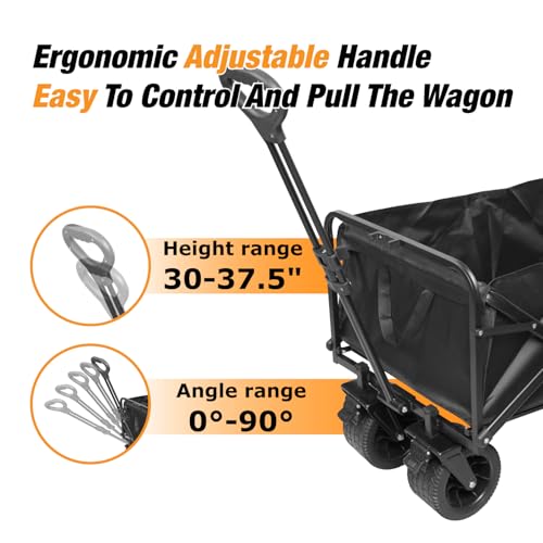 PACBEAR Collapsible Folding Wagon Cart with All-Terrain Wheels, Heavy Duty Beach Wagon for Outdoor, Garden, Grocery & Sports, 220LBS Capacity, Black by PACBEAR - Used condition - Image 5