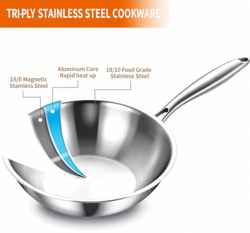 Image of DELARLO Whole Body Tri-Ply Stainless Steel Wok 9.45 inch, Deep Kitchen Stir-Fry Pan, Small Wok Pan with Lids, Induction Mini wok, Suitable for All Stove, Up to 600℉, Detachable Handle
