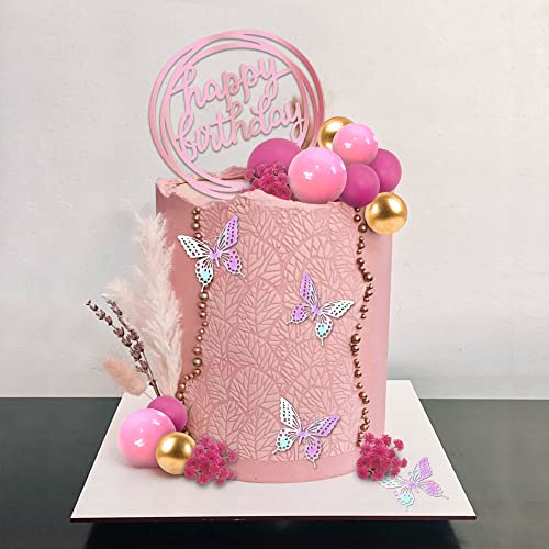 41 Pcs Balls Cake Decorations Flower Butterfly Cake Topper With Hot Pink And Gold Balls Balls Happy Birthday Cake Topper For Wedding Baby Shower Birthday Themed Party Supplies (Hot Pink) #TOP3