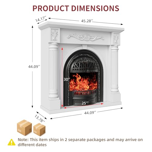 Image of 45 Inch Electric Fireplace with Mantel, Solid Wood Fireplace TV Stand, Roman Column Fireplace Entertainment Center, Electric Fireplace Heater with Black Birdcage Insert for Living Room, White