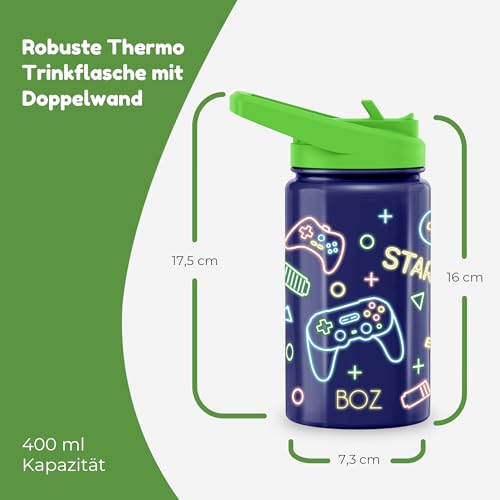 BOZ Isolierte Wasserflasche für Kinder, mit Strohhalm-Deckel, Doppelpack-Bundle, Spiel/Auto, Edelstahl-Vakuum-Doppelwand-Wasserbecher, 414 ml, kratzfest, Tragegriff, spülmaschinenfest
