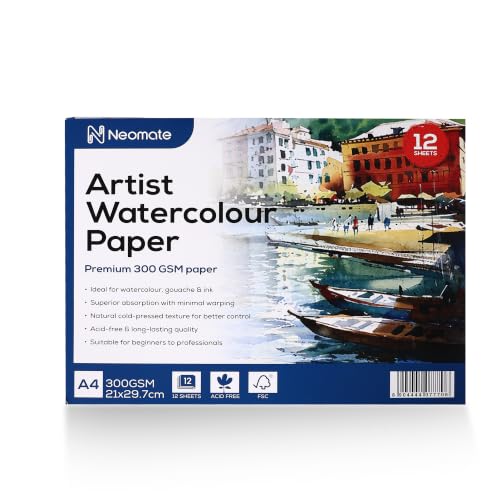 Image of Neomate Artists Watercolour Paper | 300 GSM, Size A4, Cold Pressed | Pack of 12 Sheets | Ideal for Artist, Professional Drawing, Painting Dry & Wet, Fine Arts Students