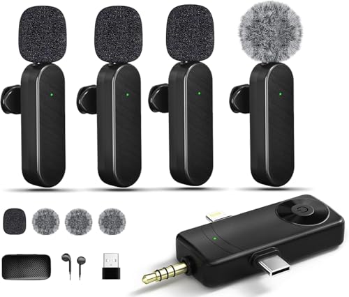Bayanbulu Wireless Lavalier Microphones, 4-in-1 Universal Receiver for iPhone Android iPad Laptop & Camera, USB-C, Wireless Mini Microphone for Video Recording, Vlog, YouTube, TikTok (4 Mic)
