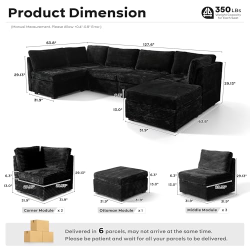 Image of ovios Modular Sectional Sofa Couch with Sofa Bed L-Shape Chaise, Comfy Plush Corduroy Cloud Couches, Modern Luxury Deep Seat Sofas Set for Living Room, 6-Seater, Black